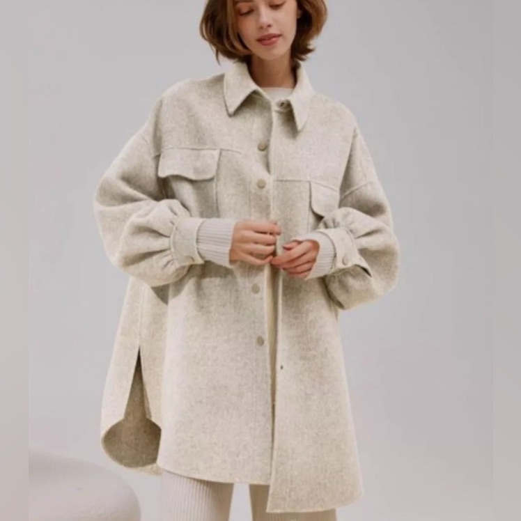 Nap Beige Wool Alpaca Oversized Button Front Shirt Jacket Xs
